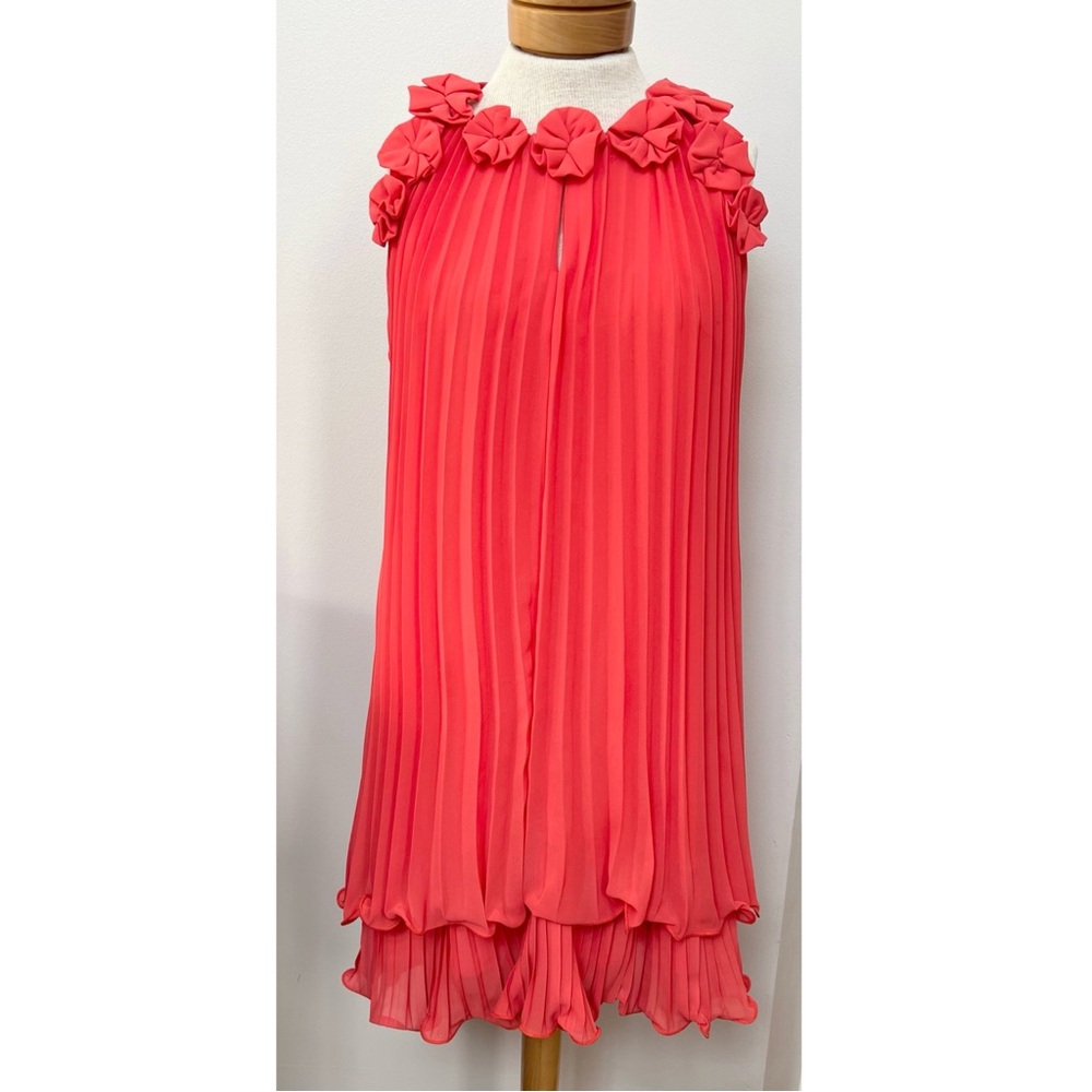 Ryu Coral Pleated Shift Dress Floral Neck Wedding Guest Size L